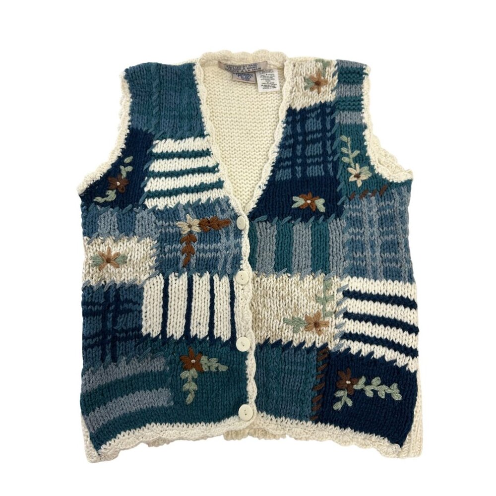 Women's Huntington Ridge Sweater Vest M Ivory Chunky Knit Cottage Core FloralVTG